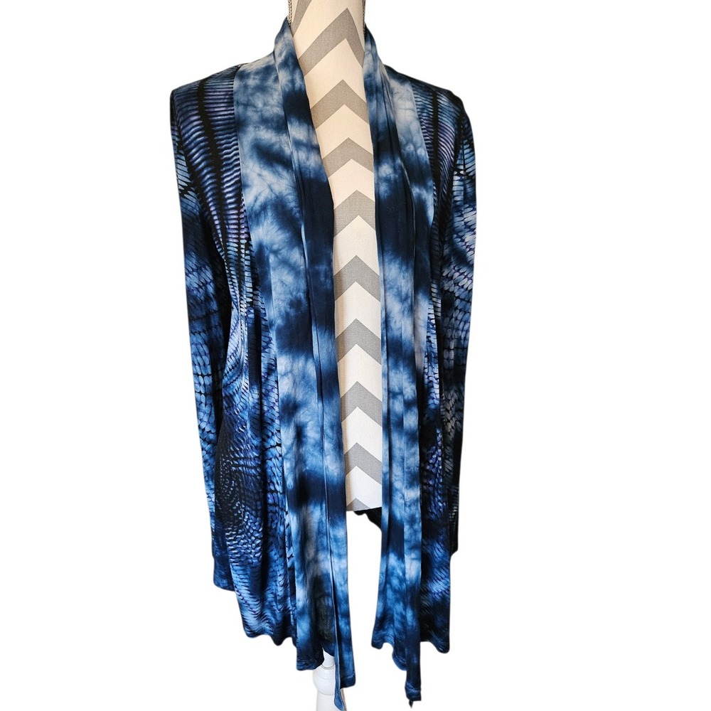 One World Blue Tie Dye Open‎ Front Cardigan Medium Boho Draped Waterfall Knit